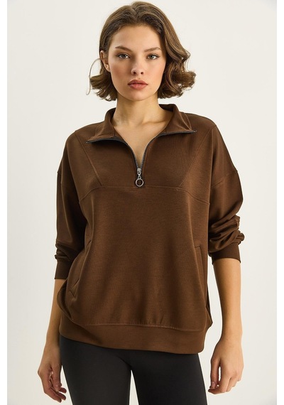 Shade Kadın Dik Yaka Yarım Fermuarlı Cep Detaylı Oversize Modal Sweatshirt 60601053 - Acı Kahve Çok Renkli