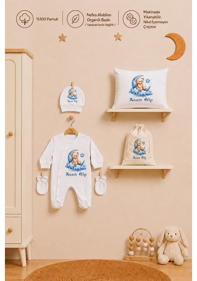 Pia Baby Erkek Bebek %100 Pamuk Hediye Seti 6 Lı İsimli Keseli Tulum Şapka Eldiven Battaniye Ve Yastık Kılıfı 1070tybk0x Krem