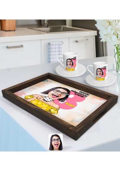 Kişiye Özel Kadınlar Günü Karikatürlü Doğal Ahşap Tepsi ve 2'Li K