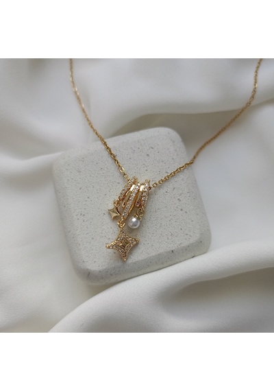 Lente Aksesuar Çelik Zincir Gold Yıldız Ve İncili Charm Kolye-kadın Kolye Gold