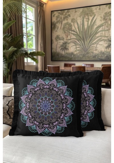 Mandala Motifli Saçaklı Yastık Kılıfı - Bohem Siyah Mor Püsküllü Kırlent Kılıfı Orman Koyu Kahve