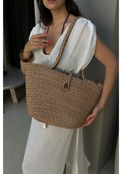 Shule Bags Vossa Handmade Düğmeli Hasır Omuz Çantası Vizon Vizon