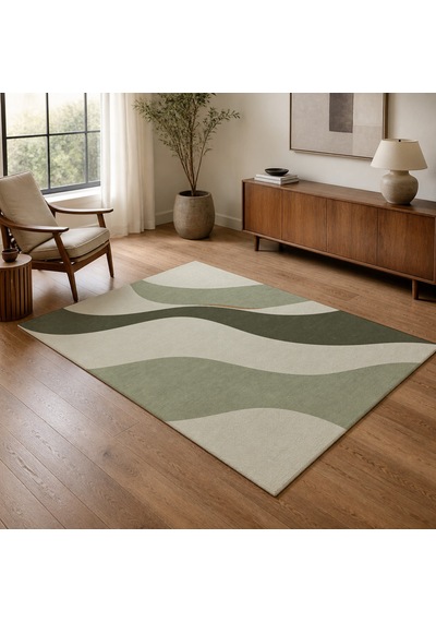 Kartela Halı Akış Dalgalı Modern Halı Adaçayı Yeşili Kaymaz Taban Makinede Yıkanabilir 60x90 Cm