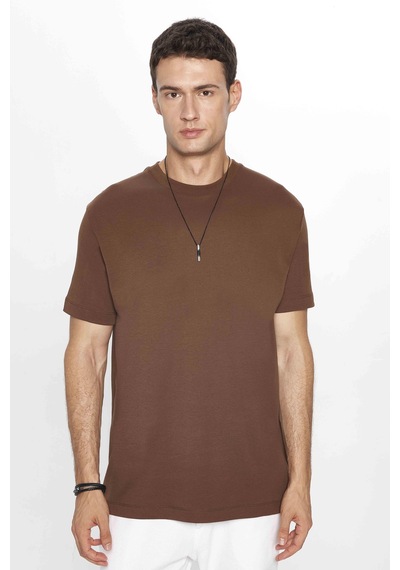 Tudors Unisex Relax Fit Rahat Kesim %100 Pamuk Yumuşak Dokulu Basic Bisiklet Yaka Kahverengi Tişört-31474 Kahverengi