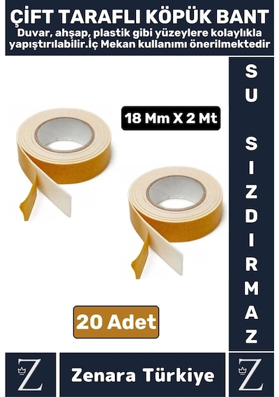 Uzun Ömürlü Ultra Güçlü Kolay Uygulanır İz Bırakmaz Çift Taraflı Köpük Bant 18 Mm X 2 Metre 20 Adet