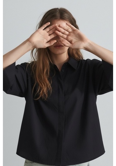 Feg Store Siyah Yarasa Kol Duble Manşetli Modal Oversize Gömlek