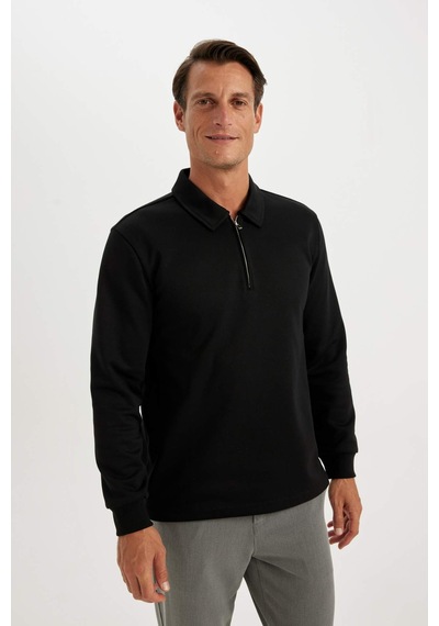 Defacto Regular Fit Polo Yaka Yarım Fermuarlı Basic Düz Sweatshirt D2279ax24aubk81 Siyah