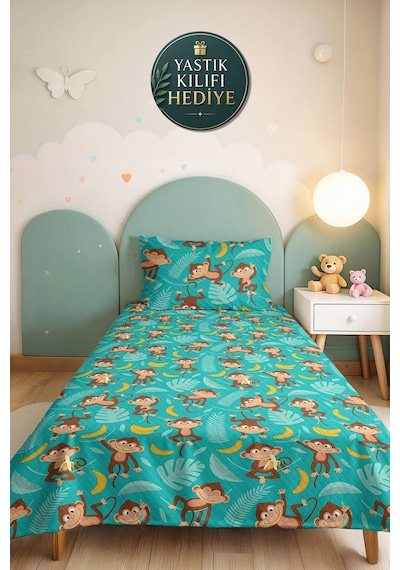 Evimde Bambaşka Sevimli Maymunlar Turkuaz Çocuk Odası Tek Kişilik Pike Takımı-tropikal Yeşil 160x220 CM Yatak Örtüsü Evimde Bambaşka Sevimli Maymunlar Turkuaz Çocuk Odası Tek Kişilik Pike Takımı-tropikal Yeşil 160x220 CM Yatak Örtüsü