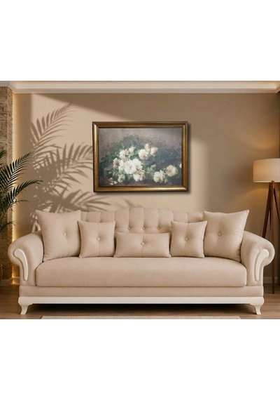Antika Gold Çerçeveli Yatay Vintage Gül Dalı Tablosu - Nostaljik Salon Duvar Dekoru 80x60cm