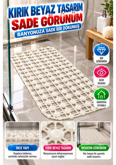 Crystal Kaymaz Vantuzlu Banyo Paspası Beyaz 68x35 Cm Islak Zemin Kaydırmaz Küvet Duşakabin Pvc Matı