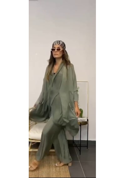 Bohem Stil Italyan Ipek Detaylı Oversize Kap Bluz- Wes Pantolon Takım Haki