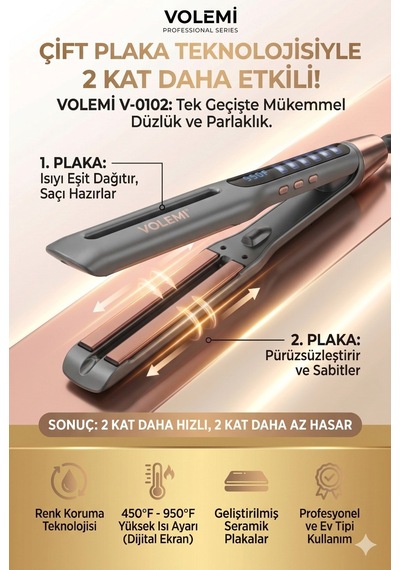 Volemı V-0102 Siyah Profesyonel Saç Maşası Color Care, 5x Renk Koruma, Keratin Yağlı Seramik Kaplama Dij