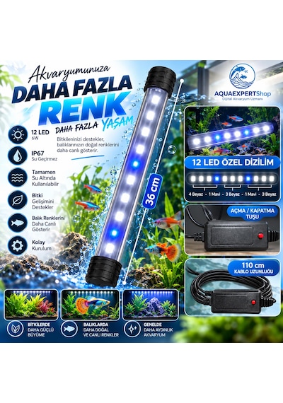 Akvaryum Işığı - Balık Işığı - 36 Cm - 12 Led - Mavi Beyaz - Açma Kapatma Tuşlu - 6w - Güçlü Işık