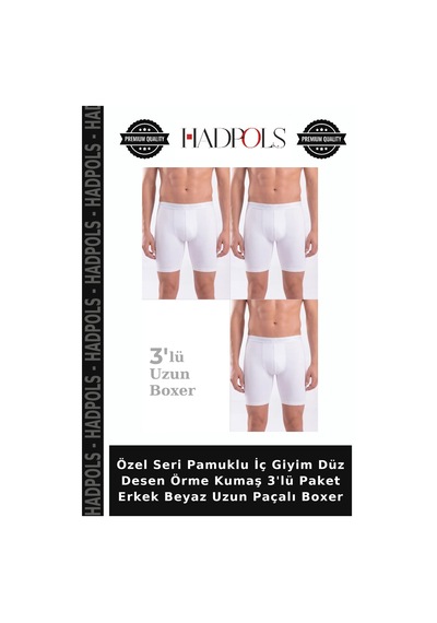 Hadpols Özel Seri Pamuklu İç Giyim Düz Desen Örme Kumaş 3'lü Paket Erkek Beyaz Uzun Paçalı Boxer