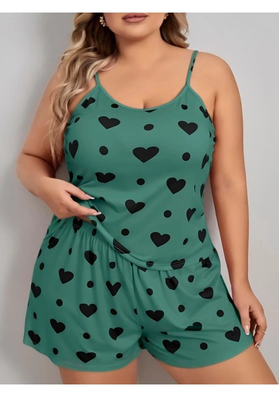 Senoramoda Büyük Beden Yeşil Kalp Desen Pamuklu Şortlu Pijama Takımı