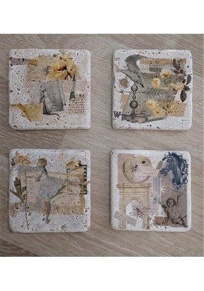 Vintage Figür Kolaj Doğal Taş Bardak Altlığı 4'lü Set - Natural Stone Coasters - Taş Çok Renkli