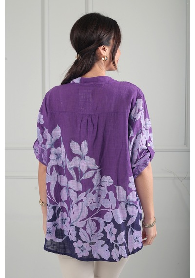 By Saygı Kadın Üç Düğme Detaylı Çiçek Desenli Tek Cepli İtalyan Cotton Oversize Bluz Mor