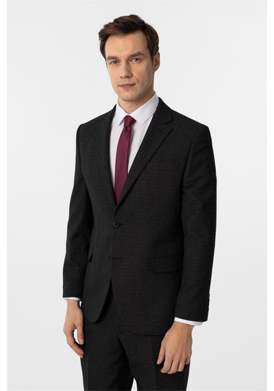 Süvari Siyah Regular Desenli Sivri Yaka 4 Drop Klasik Takım Elbise-35569 Siyah