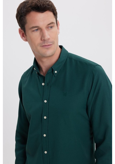 Tudors Erkek Slim Fit Dar Kesim Düz Oxford Armalı Yaka Düğmeli Haki Spor Gömlek-42008 Haki