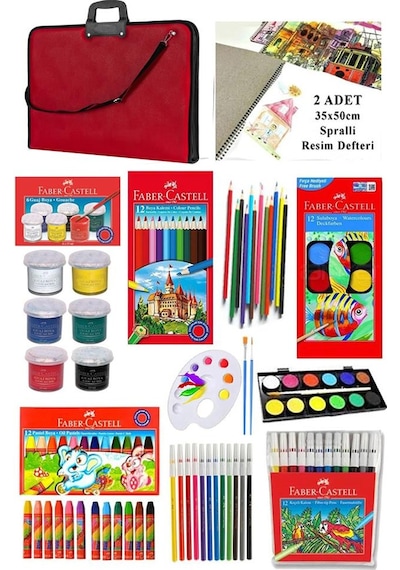 Öğrenci Boyama Seti 11 Parça 1 Paket 35x50 Resim Çantası Resim Defter Faber Sulu Boya Kuru Boya Pastel Boya Keçeli Kalem 001