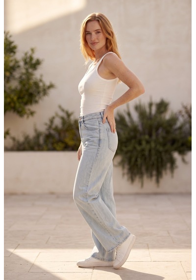 Soulshae Yüksek Bel Geniş Paça Denim Pantolon Mavi