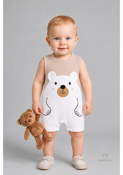 Babyden's Erkek Bebek Yazlık Ayıcık Baskılı Fitilli Tulum %100 Pamuk Kolsuz Şort Tulum Yenidoğan Bebek Romper 0-9 Ay Bej