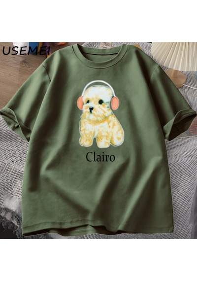 Flood Of Style Clairo Köpek Yavrusu Kulaklık T-shirt Komik Sevimli Kedi Tee Merch Y2k Erkek Giyim Büyük Boy Yeşil