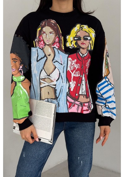 Femelle Kadın Siyah 3 İplik Şardonlu Baskılı Oversize Pamuk Sweatshirt