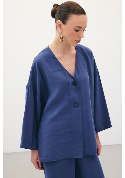 Sateen Düğmeli Kimono - İndigo-136358 İndigo