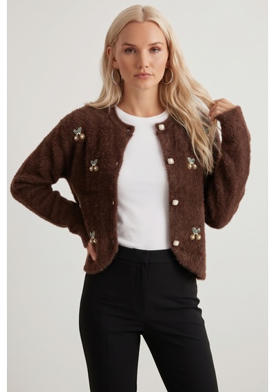 Soft&Basic Taş İşlemeli Yumuşak Tüylü Triko Düğmeli Hırka Kahve