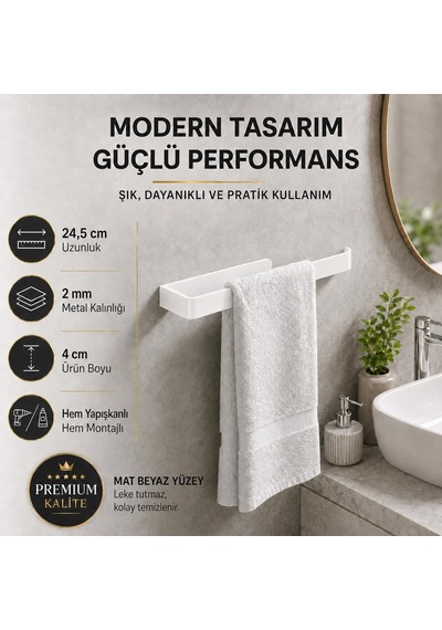 Beyaz Lamalı Havlu Askısı, Paslanmaz Çelik Banyo Havluluğu, Hem Yapışkanlı Hem Vidalı Montajlı, Duvar Tipi Modern Havlu Barı