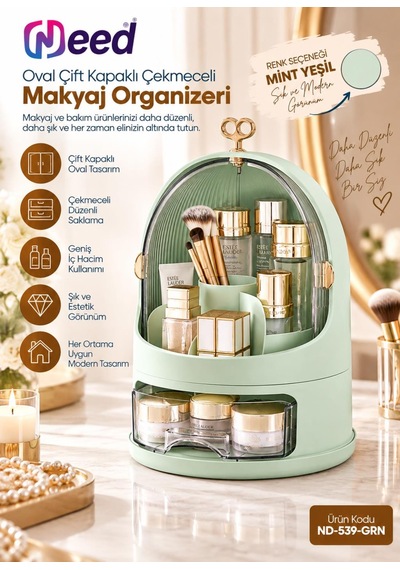 Need Oval Çift Kapaklı Çekmeceli Makyaj Ve Kozmetik Organizeri Mint Yeşil Nd-539-grn
