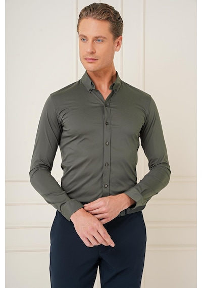 Efor Slim Fit Düğmeli Yaka Esnek Pamuk Klasik Haki Gömlek Gk 727 Haki