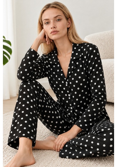 Kadın Gömlek Yaka Desenli Siyah Pijama Takımı 4812