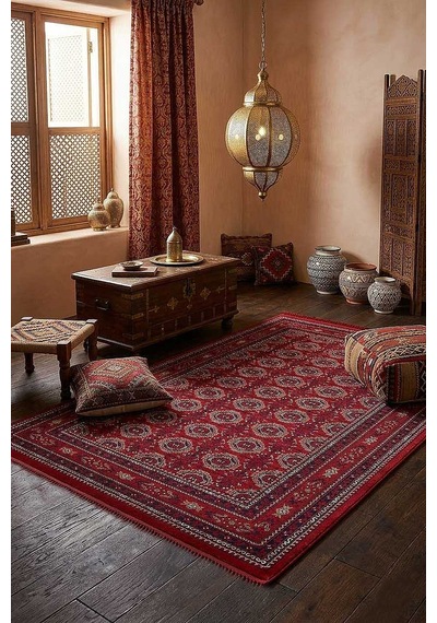 Afgan Halısı Bilicik Etnik Kunduz Otantik Desen Viskon Kırmızı Halı Bc01