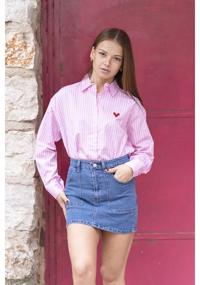 Çizgili Cep Detaylı Oversize Gömlek Pembe