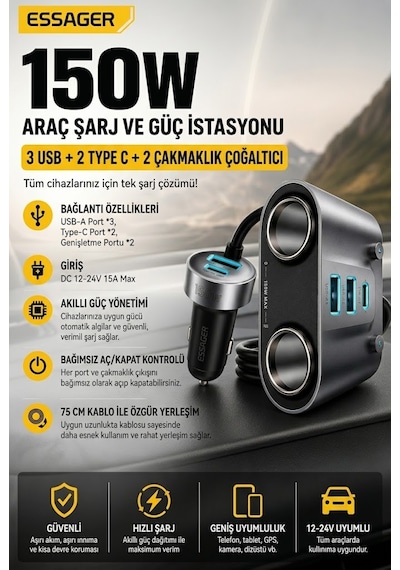 Essager 150w Çift Çakmaklık Çoğaltıcı Araç Şarj Adaptörü 3 Usb 2 Type-c 12-24v Araç Çakmaklık Çoğaltıcı