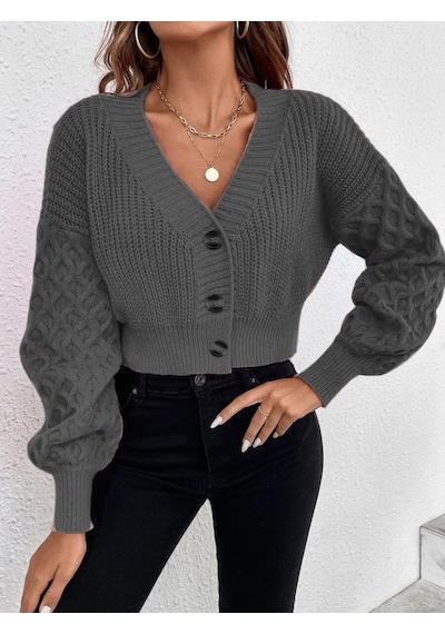Aqe Fashion V Yaka Örgü Desenli Triko Crop Antrasit Hırka Antrasit