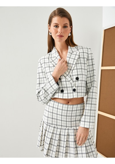 Koton Crop Blazer Ceket Kruvaze Kapama Düğmeli Ekru Ekose 4sak50058uw Ekru
