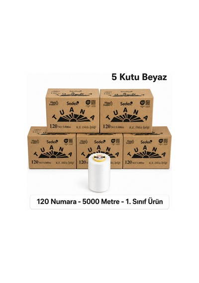 Tuana Polyester Dikiş İpliği 120 Numara 5000 Metre Beyaz 30 Bobin 5 Kutu Makine İpi Dikiş İpi