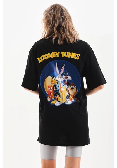Kadın Baskılı Oversize Kısa Kol T-shirt - Siyah Siyah