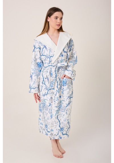 Blue Gladiolo Fiore Desenli Dijital Baskılı Kapüşonlu Bornoz Mavi