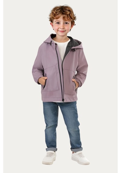 Erkek Çocuk Astarlı Su Ve Rüzgar Geçirmez Kapüşonlu Çift Fermuarlı Cepli Yağmurluk-227 Mürdüm