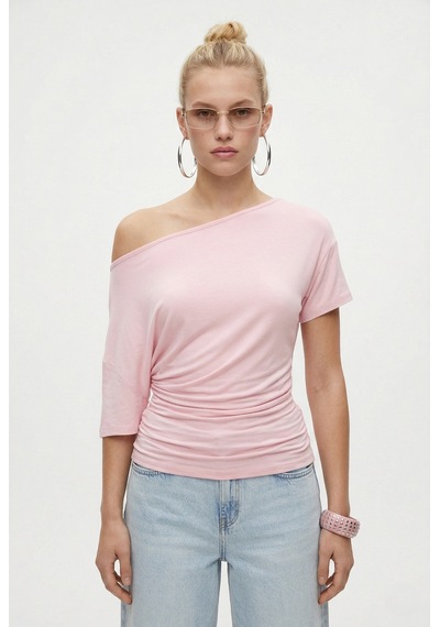Ritnice Kadın Lona Bele Oturan Yan Büzgülü Pembe Örme Bluz