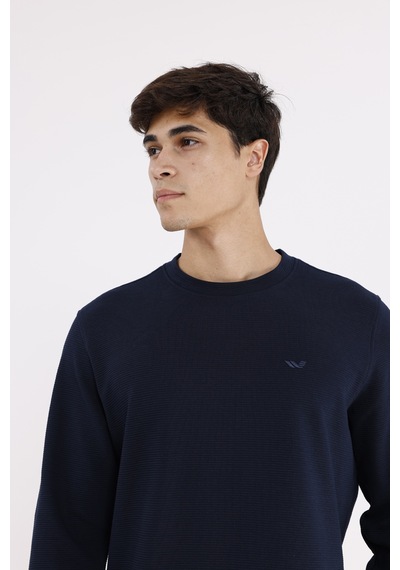 Rowinger Yatay Dokulu Ottoman Yüzey Tonal Logo Detaylı Bisiklet Yaka Standart Kalıp Sweatshirt Navyblue