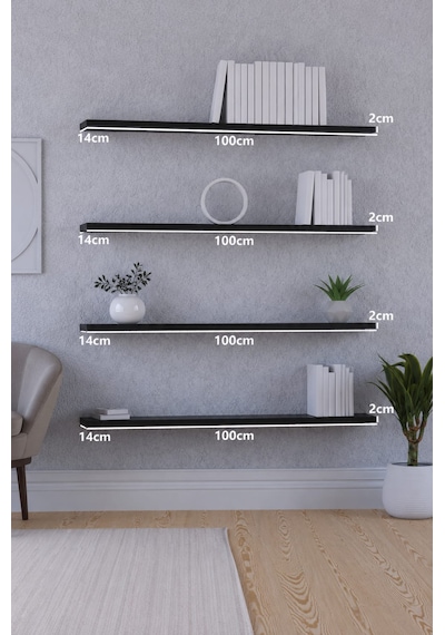 Yankı-byeg 100 Cm 4lü Mat Siyah Mdf Uçan Duvar Rafı Gizli Bağlantı Modern Tasarım