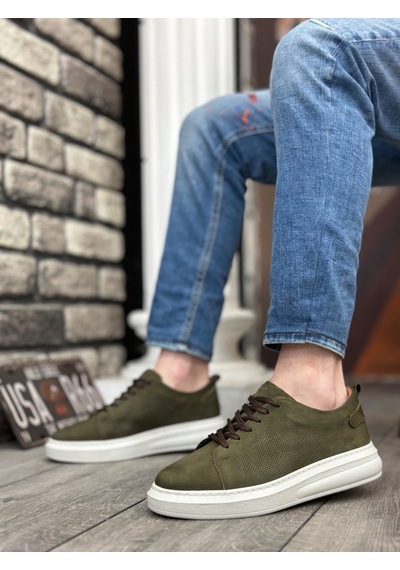 Ba0336 İçi Dışı Hakiki Nubuk Deri Haki Bağcıklı Casual Erkek Ayakkabı Haki