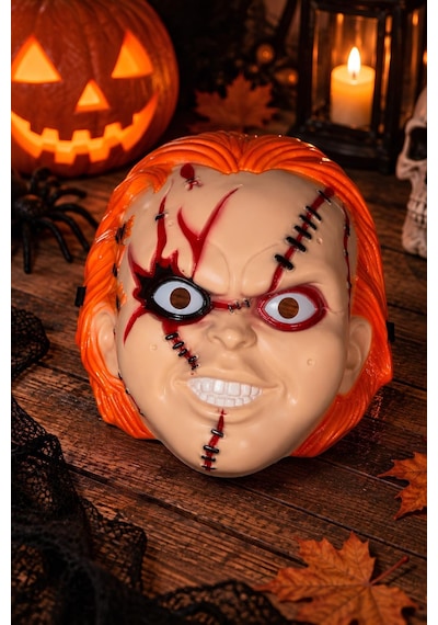 Chucky Maske Turuncu Saçlı Dikiş Detaylı Cadılar Bayramı Korku Maskesi Tüm Yaşlar