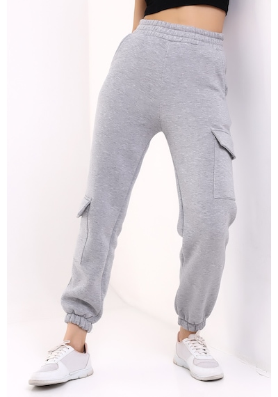 Winmoda34 Kadın Jogger Kalın 3 İplik Yandan Cepli Kargo Eşofman Altı Kar-gri