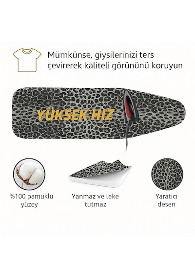 Ütü Masası Kılıfı Keçeli Gri Leopar Desen Battal Boy Xxl Pamuklu Yanmaz Üretim Koyu Gri